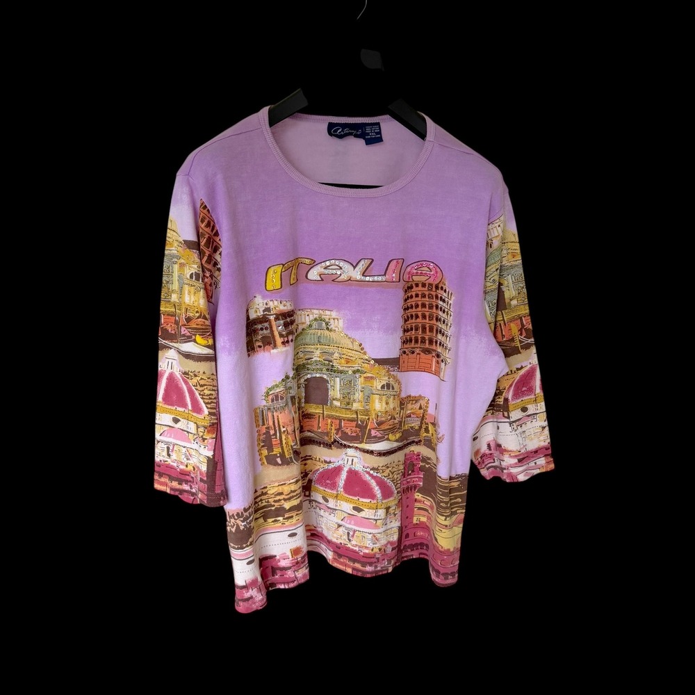 Y2K Artscapes Italia T-Shirt Purple Sequin Beaded 3/4 Sleeve Cotton XXL